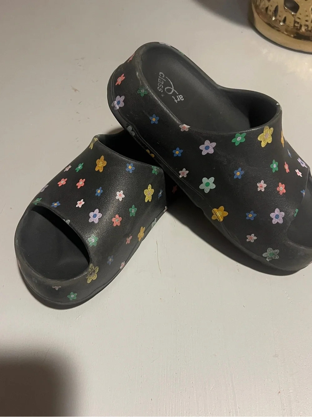 Kids Black Floral Slide Sandals with Colorful Flowers